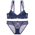 Ensemble lingerie en dentelle bleu foncé avec soutien-gorge push-up et culotte assortie - 70A / Bleu