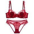 Sexy red lace lingerie set with ultra-thin mesh bra and matching sheer panties - 85B / Bra And Panty / Red