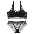 Sexy schwarzes Blumen-Lingerie-Set mit Push-up-BH und transparenten Spitzenhöschen - Schwarz / 75A