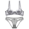 Lace lingerie set with gray eyelash lace bra and matching panties on white background - 85B / Bra And Panty / Gray