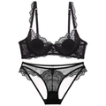 Set lingerie sexy in pizzo nero con reggiseno trasparente e slip coordinati su sfondo bianco - Nero