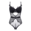 Sexy black lace bodysuit with push-up cups and transparent mesh paneling on white background - 70B / Top And Bottom / Black