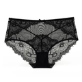 Elegant black floral lace panties with high waist and delicate eyelash trim details - S / Black