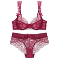 Set lingerie in pizzo bordeaux con ricami floreali e dettagli a fiocco per donna - 70A / Borgogna