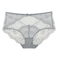 High-waisted light grey floral lace panties with sheer mesh and bow detail - S / Gray