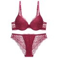 Lace lingerie set with deep V push-up bra and matching panties in dark red wine color - 70A / Top And Bottom / Burgundy