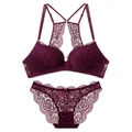 Lace lingerie set with deep V neck and racerback floral design in dark purple - 70B / Bra And Panties Set / Fuschia