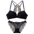 French style black lace lingerie set with deep V neck and back strap detail - 70B / Bra And Panties Set / Black