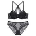 Chic black lace lingerie set with front-closure floral bra and matching lace panties - Black