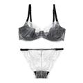 Completo intimo in pizzo floreale grigio scuro con bordo a ciglia e spalline sottili - 70B / Bianco