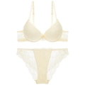 Lace lingerie set featuring deep V push-up bra and floral briefs in creamy white color - Beige / 70B