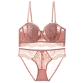 Ensemble lingerie en dentelle rose poudré avec soutien-gorge fleuri et culotte en tulle - 70A / Haut Et Bas / Rose