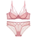 Lace lingerie set with underwire bra and cutout panties in soft light pink color - 70A / Pink