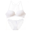 White French lace lingerie set with V-neck push-up bra and matching floral panties - 70C / Bra And Panties Set / White