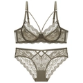 French lace sheer olive green bra and panty set with intricate floral patterns - 70A / Green
