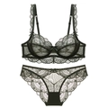 Completo intimo in pizzo nero con ricamo floreale e spalline delicate smerlate - 70E / Verde