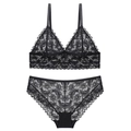 French style sexy black lace lingerie set with wireless triangle cup bra and matching panties - S / Set / Black