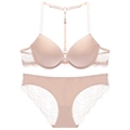 Seamless lace lingerie set with front-closure bra and t-back straps in beige color - 70B / Nude Set