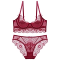 Elegant burgundy eyelash lace lingerie set featuring an underwired bra and matching panties - 70A / Burgundy