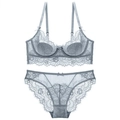 Lace lingerie set with sheer floral mesh and bow detail in light grey color - Gray / 70B