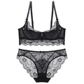 Sexy black lace lingerie set featuring ultra-thin lace bra and matching panties - 70A / Black
