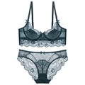Deep green lace lingerie set with floral patterns and sheer bra on white background - 70A / Dark Green