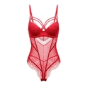 Detailed view of red lace and sheer mesh teddy bodysuit with intricate floral embroidery - 70B / Red