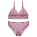 Lace bralette set in dusty lavender featuring wireless triangle cups and sheer lace panties - M / Set / Purple