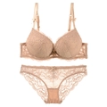 Lace lingerie set featuring deep V push-up bra and matching floral panties in beige - 70A / Top And Bottom / Nude