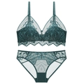 Dunkelblaues französisches Spitzen-Dessous-Set mit bügellosem BH und transparentem Slip - S / Dunkelgrün