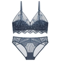 Dunkelblaues Spitzen-Lingerie-Set mit bügellosem Triangel-BH und Slip - S / Königsblau