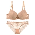 Conjunto de lencería de encaje con escote en V profundo para mujer en rosa suave - 70A / Color Piel