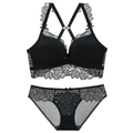 Elegant black lace lingerie set with wireless push-up bra and sheer mesh panties - 75C / Set / Black