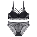 Sexy schwarzes Blumen-Spitzenset mit Bandage-BH und Slip mit gewelltem Rand - 70C / Set / Schwarz