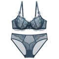 Set lingerie in pizzo grigio-blu scuro con mesh trasparente e ricami floreali fini - 70A / Blu