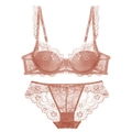 French style floral lace lingerie set with underwire bra and panty in rose pink - Pink