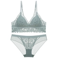 Salbeigrünes französisches Spitzen-Lingerie-Set mit bügellosem BH und Netz-Unterwäsche - XL (Passt 85ABC) / Graugrün