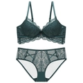 Dunkelgrünes Spitzenunterwäsche-Set mit Push-up-BH und passendem durchsichtigem Slip - Dunkelgrün / 70C