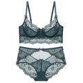 Elegante conjunto de lencería de encaje verde oscuro con braga alta y lazos suaves - 70A / Verde Oscuro