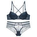 Lace lingerie set in deep blue with push-up front closure and matching panty - 70A / Bra And Panties Set / Royal Blue
