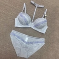 Damen Lingerie-Set in Hellgrau-Violett mit Bügel-BH aus Spitze und Netz-Slip - 75B / Grau