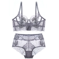 Graues Dessous-Set aus floraler Spitze mit hauchdünnem BH und hoher Taillen-Hose - 90C / Grau