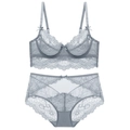 Conjunto de lencería de encaje azul gris claro con bordado floral y braga alta - 70A / Gris claro