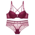 French style wine red lace lingerie set with front buckle bra and high waist panty - 70C / Bra And Panties Set / Burgundy