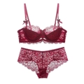 Elegante set di lingerie in pizzo rosso vino con reggiseno con ferretto e fiocchi - 70A / Borgogna