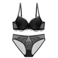 Chic black eyelash lace lingerie set with underwire bra and matching mesh panty - 70A / Black