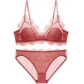 Sexy red eyelash lace lingerie set featuring a soft wireless triangle bra and panty - S / Bra And Panty / Orange Red