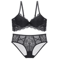 Sexy schwarzes Spitzenunterwäsche-Set mit Push-up-BH und transparentem Mesh-Slip - Schwarz / 70B