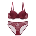 Deep burgundy lace lingerie set featuring eyelashes lace cups and mesh panties - 70A / Burgundy