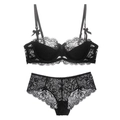 Set lingerie sexy in pizzo nero con motivi floreali e fiocchi per le donne - Nero / 70A